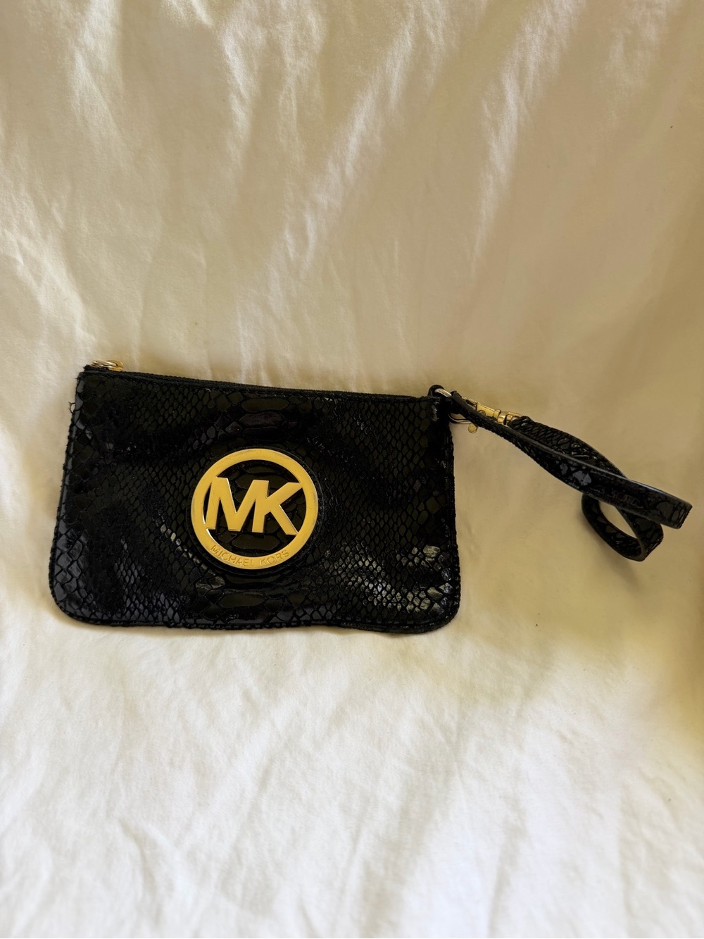 Michael Kors Black Patent Snakeskin Wristlet with Gold MK Emblem